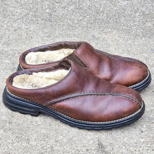 UGG Midtown Sz 7 Brown Leather Shearling Sheep Lined Slip On Mules Clogs Chunky